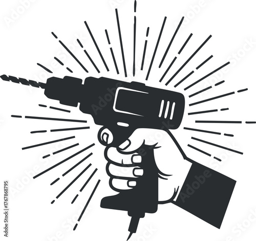 A hand holding an electric drill with radiating lines symbolizing power and energy.