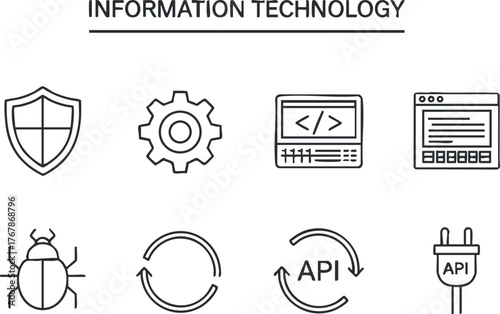 Illustration representing various aspects of information technology including coding, security, and API.
