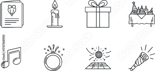 Assorted icons representing celebration themes including gifts, music, and festive decorations.