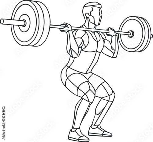 A line drawing of a weightlifter performing a squat with a barbell at the gym.