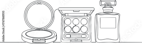 Line art illustration of makeup products including compact, palette, and perfume bottle.