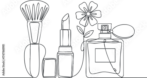 A minimalist line art illustration featuring beauty products including lipstick, perfume, and a makeup brush.