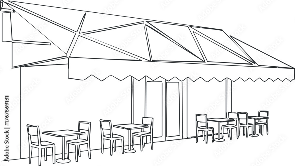 Obraz premium A minimalist line art illustration of an outdoor restaurant seating area with tables and chairs.