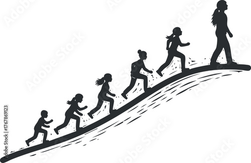 A silhouette illustration depicting the progression of individuals from childhood to adulthood on a journey.