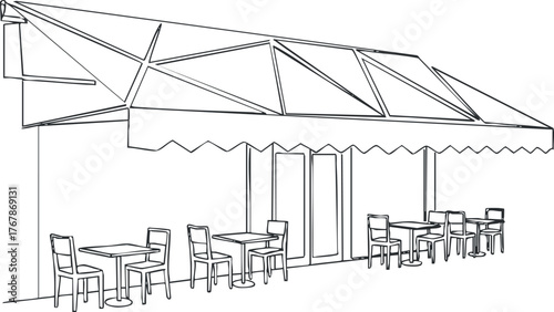 A minimalist line art illustration of an outdoor restaurant seating area with tables and chairs.