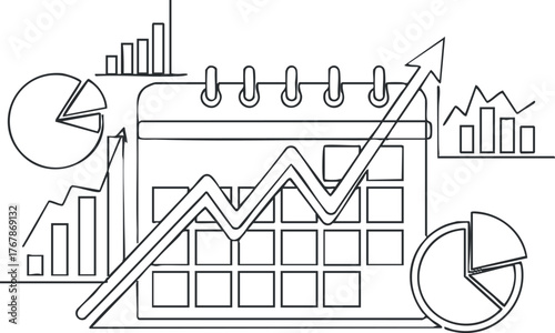 A calendar illustration featuring growth charts and data analytics for business planning and strategy.