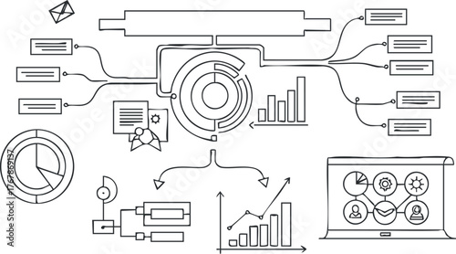 Illustration of data analytics with charts graphs and diagrams for business analysis and strategy.