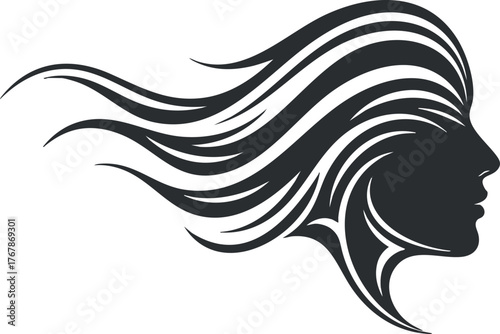 Stylized silhouette of a woman's profile with flowing hair representing beauty and elegance.