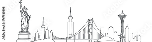 Illustration of iconic American city skyline featuring famous landmarks in black and white.