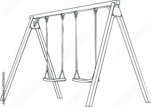 Illustration of a wooden swing set with two swings designed for outdoor play.