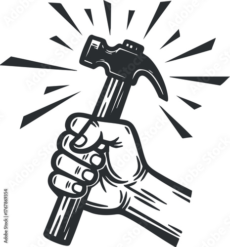 A powerful hand gripping a hammer symbolizing strength and craftsmanship in construction and repairs.