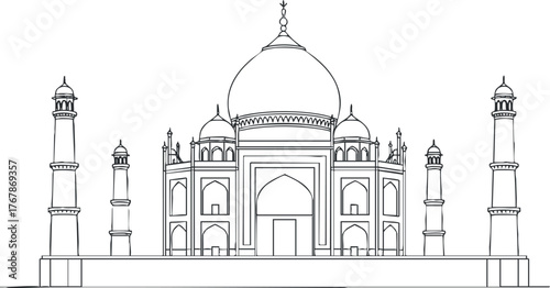 A detailed line drawing of the Taj Mahal, showcasing its iconic architecture and grandeur.