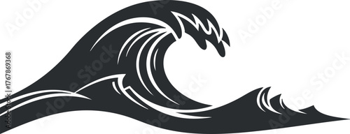 A stylized black and white illustration of a dynamic ocean wave.