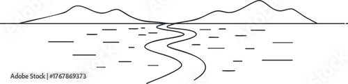 Minimalist black and white illustration of a winding river through a mountainous landscape.