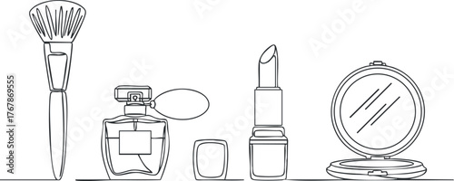 Line art illustration of beauty products including lipstick, perfume, mirror, and makeup brush.