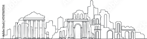 Linear illustration of iconic architectural landmarks and city skyline in outline style.