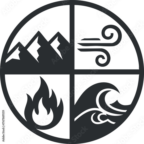 A circular design representing the four elements: earth, air, fire, and water.
