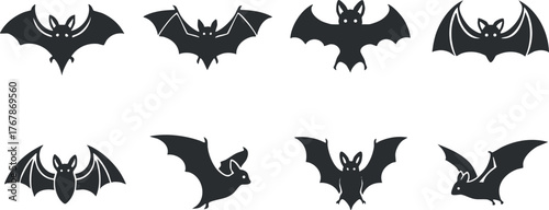 Collection of bat silhouettes featuring various poses and designs suitable for Halloween themes.