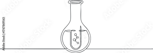 A minimalist illustration of a laboratory flask containing liquid and molecular structure.