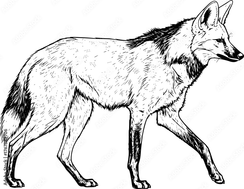 Obraz premium Maned wolf drawing. This image showcases a maned wolf, a unique South American canid with long legs and reddish-brown fur. The sketch highlights its distinct form. Vector sketch line art draw.