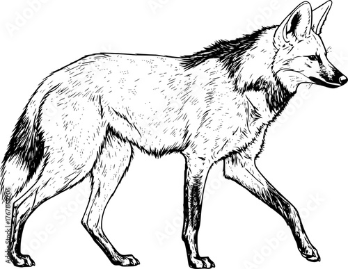Maned wolf drawing. This image showcases a maned wolf, a unique South American canid with long legs and reddish-brown fur. The sketch highlights its distinct form. Vector sketch line art draw.