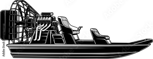 Airboat silhouette. This image shows a design of an airboat, also known as a fanout, with a detailed outline of its engine, propeller, and seating. Vector clipart illustration design.