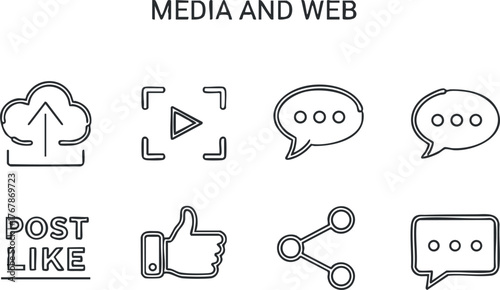 Set of modern media and web icons including upload video play and social interaction symbols.