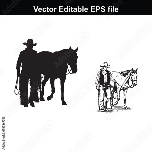 Cowboy walking with horse silhouette and detailed drawing