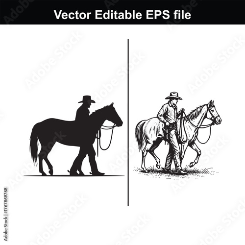 Cowboy riding horse silhouette and detailed drawing