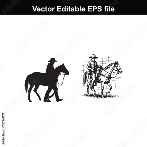 Cowboy riding horse silhouette and detailed drawing