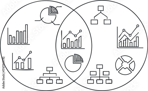 Illustration of various data visualization techniques including graphs charts and flowcharts for analysis