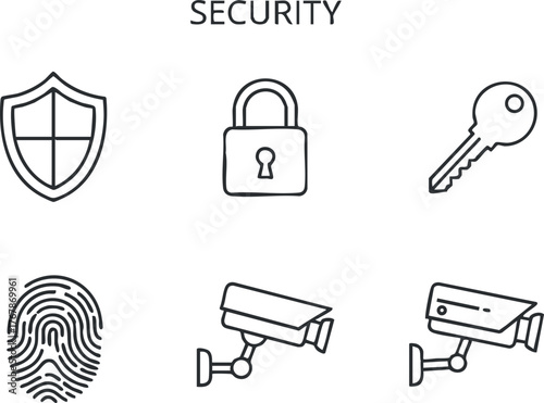 A collection of security icons including shield, lock, key, fingerprint, and cameras.