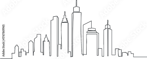 Stylized line art depicting a city skyline with various architectural structures and skyscrapers.