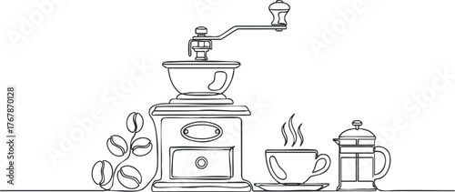 A minimalist line art illustration of a coffee grinder, cup, and French press.