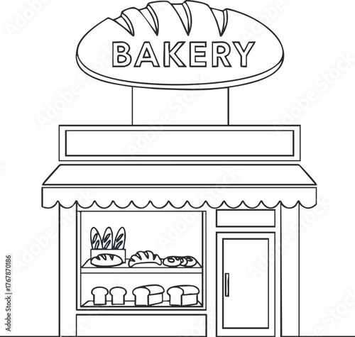A charming bakery storefront featuring a variety of breads and pastries in the display.