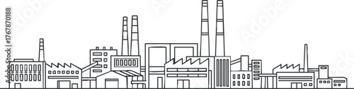Linear illustration of an industrial cityscape featuring factories and smokestacks in outline style.