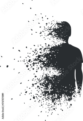 An abstract silhouette of a human figure disintegrating into fragments, representing transformation.
