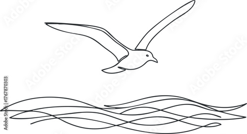 A minimalist line art illustration of a seagull flying over wavy ocean waters.