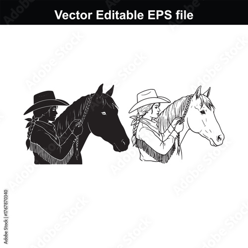 Cowgirl and cowboy in silhouette and line art, with horses