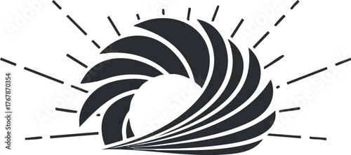 Abstract design featuring stylized waves and a rising sun in black and white.