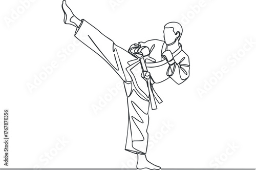 A line art illustration of a karate practitioner executing a high kick during training.