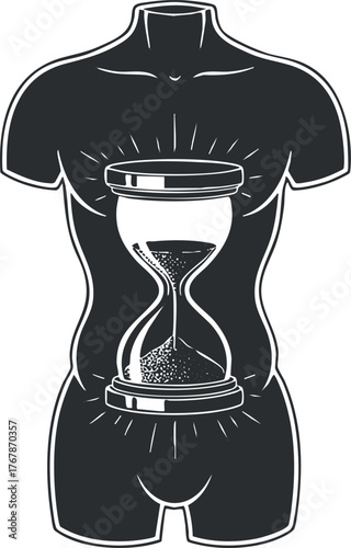 An artistic silhouette of a human body featuring an hourglass symbolizing the concept of time and life.
