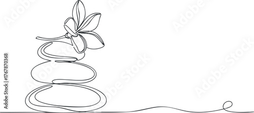 Minimalist line art illustration featuring stacked stones and a delicate orchid flower for relaxation.