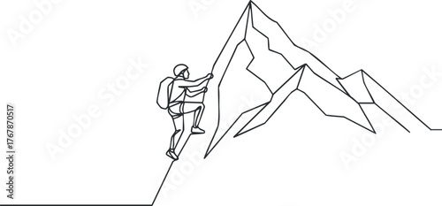 A minimalist line art illustration of a climber ascending a mountain peak.