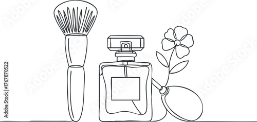 A minimalist illustration of a perfume bottle, brush, and flower representing beauty and elegance.