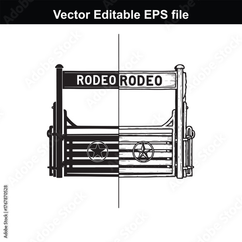 Split image of a rodeo gate, half in black silhouette and half in a detailed sketch with the word rodeo