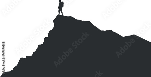 A silhouette of a hiker standing triumphantly on a mountain peak against the sky.
