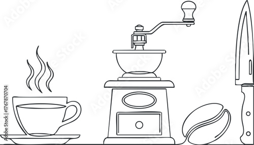 A minimalist line art illustration featuring a coffee cup grinder and knife with steam.