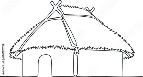 Simple line drawing of a traditional thatched hut with a grass roof and wooden structure.