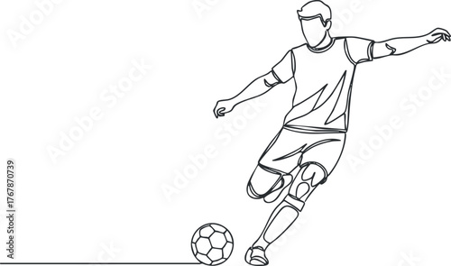 A stylized line art illustration of a soccer player kicking a ball in action.